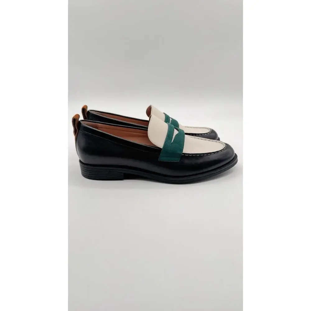 Cole Haan Shoes Womens Size 8 Navy White Green Leather Stassi Penny Loafers